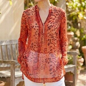 Lafayette 148 Womens 10 Silk Sheer Orange Metallic Animal Print Silk Tunic Top